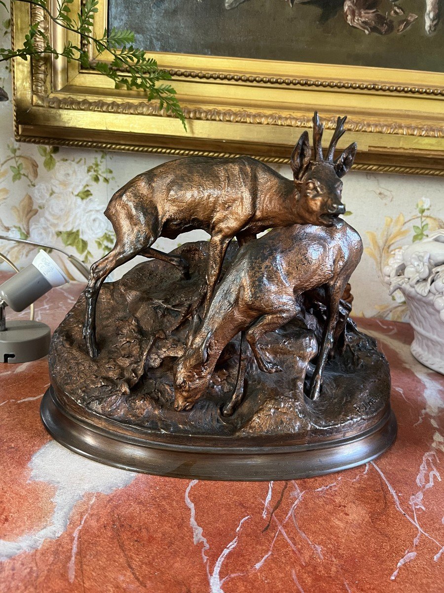 Animal Bronze, Pierre Jules Mène, Pair Of Roe Deer, Hunting, Hunting