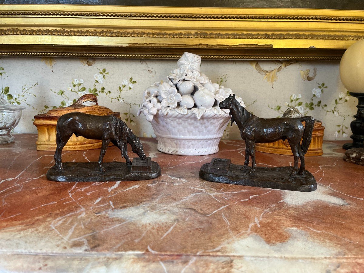 19th Century School, Pair Of Sculptures Of Horses In A Tub, Bronze, Fratin