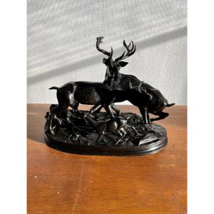 Bronze Animalier, Jules Moignez, Famille De Cerf, Chasse, Vénerie.