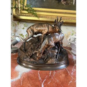 Animal Bronze, Pierre Jules Mène, Pair Of Roe Deer, Hunting, Hunting