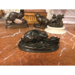 Animal Bronze, Rabbit With Cabbage, French School Of The 19th Century, After Antoine Louis Barye