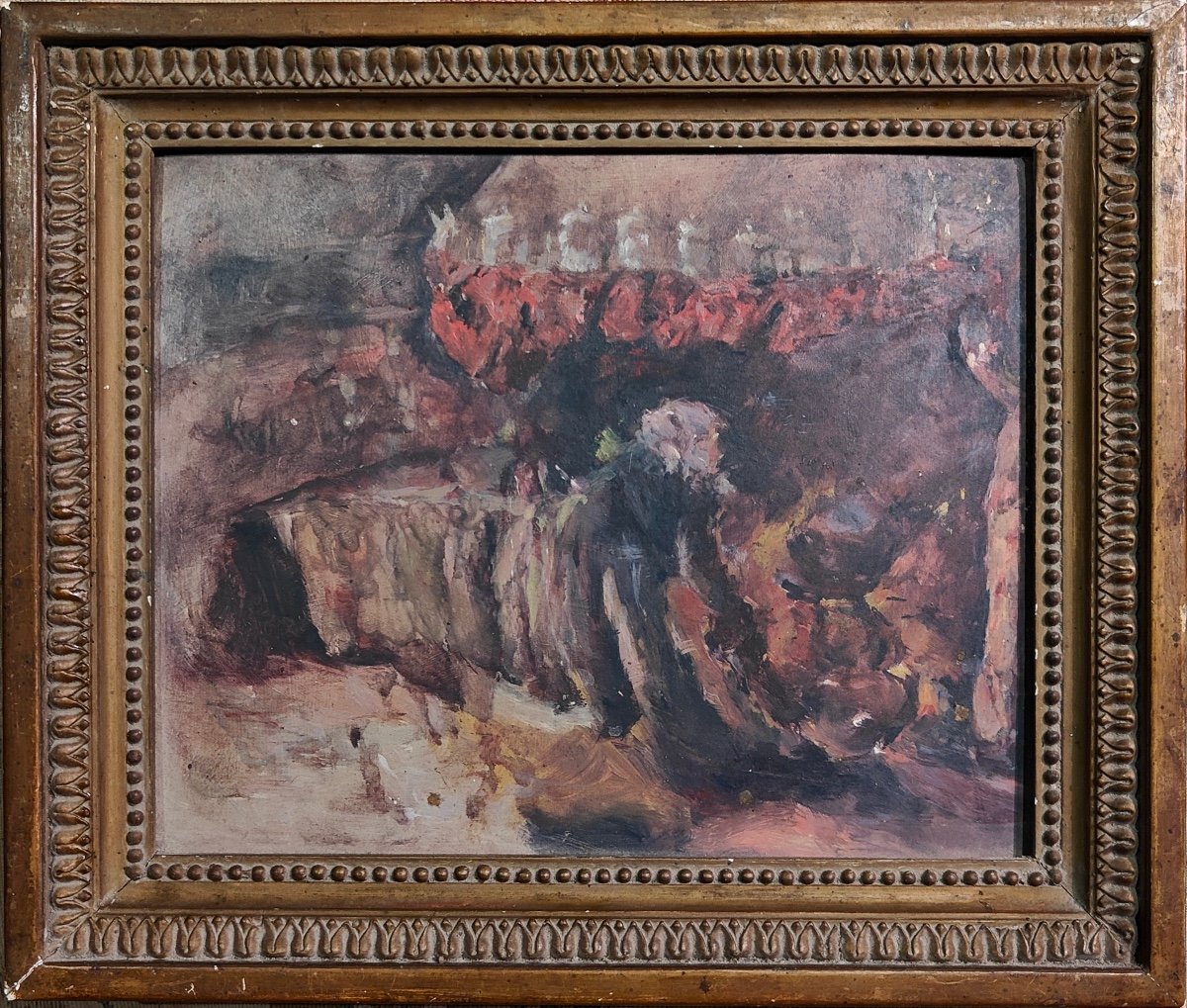 Joseph Millon (1868-1947) Huile sur Panneau Scène d'intérieur Cheminée