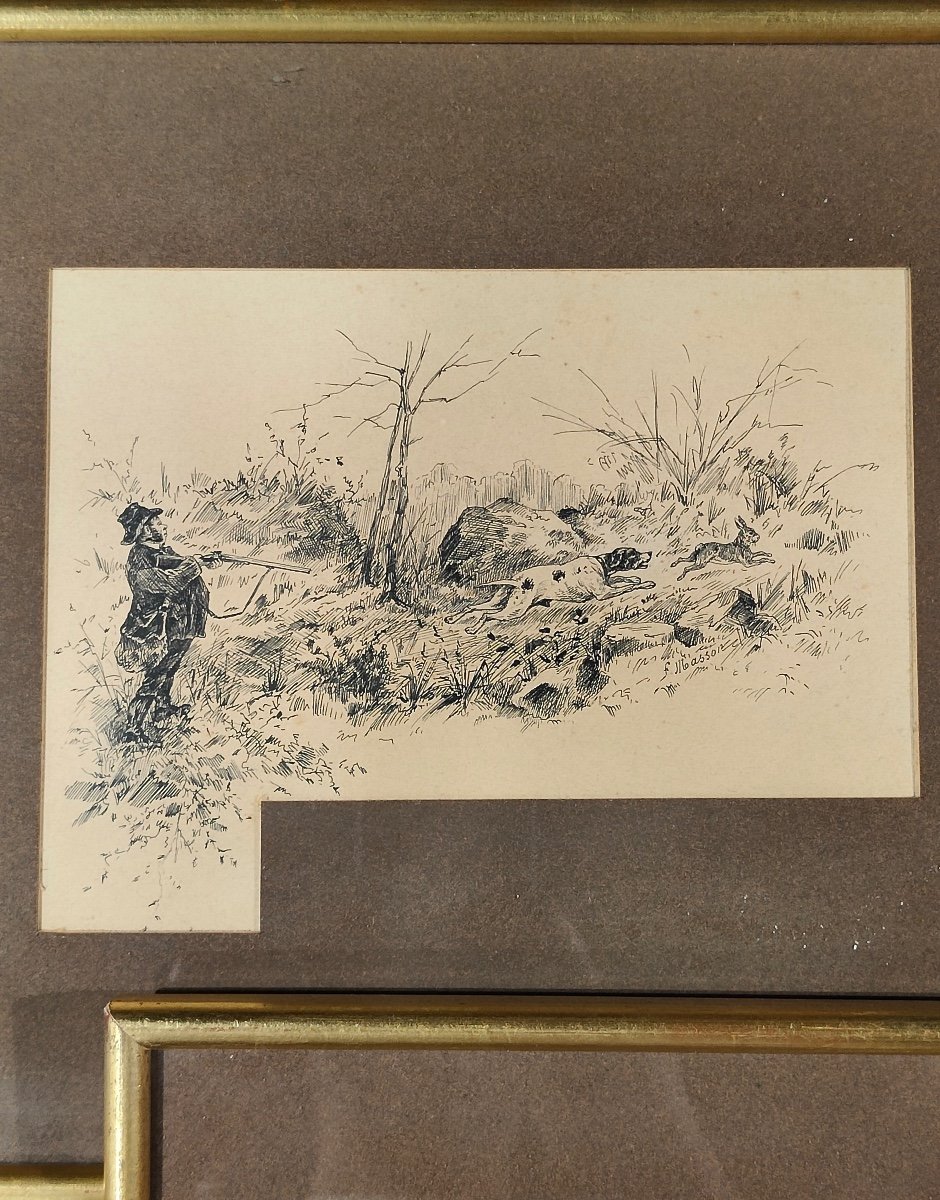 François Masson (1918)  Série de Dessins à l'Encre Scène de Chasse à Tir et Trophées-photo-3