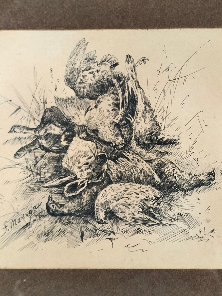 François Masson (1918)  Série de Dessins à l'Encre Scène de Chasse à Tir et Trophées-photo-3