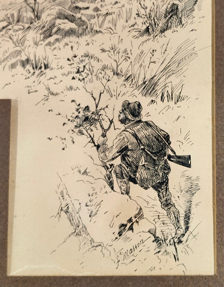 François Masson (1918)  Série de Dessins à l'Encre Scène de Chasse à Tir et Trophées-photo-7