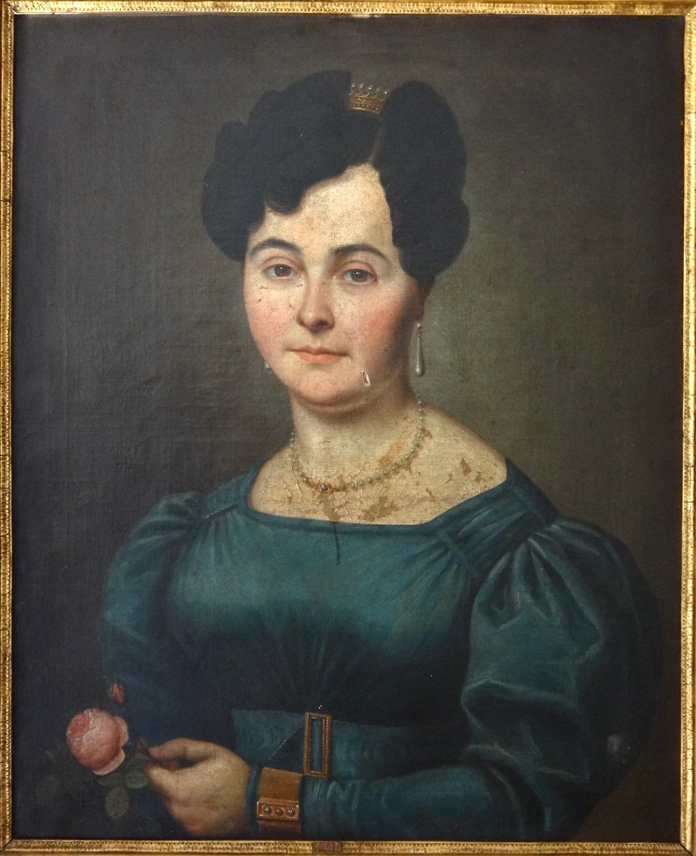 Huile sur toile Portrait d'une Femme de qualité en Bijoux époque XIXe-photo-2