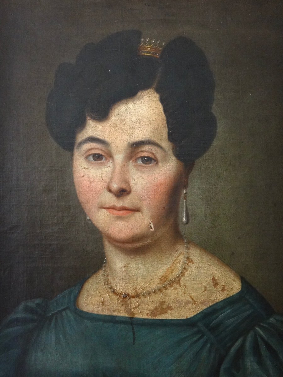 Huile sur toile Portrait d'une Femme de qualité en Bijoux époque XIXe-photo-3