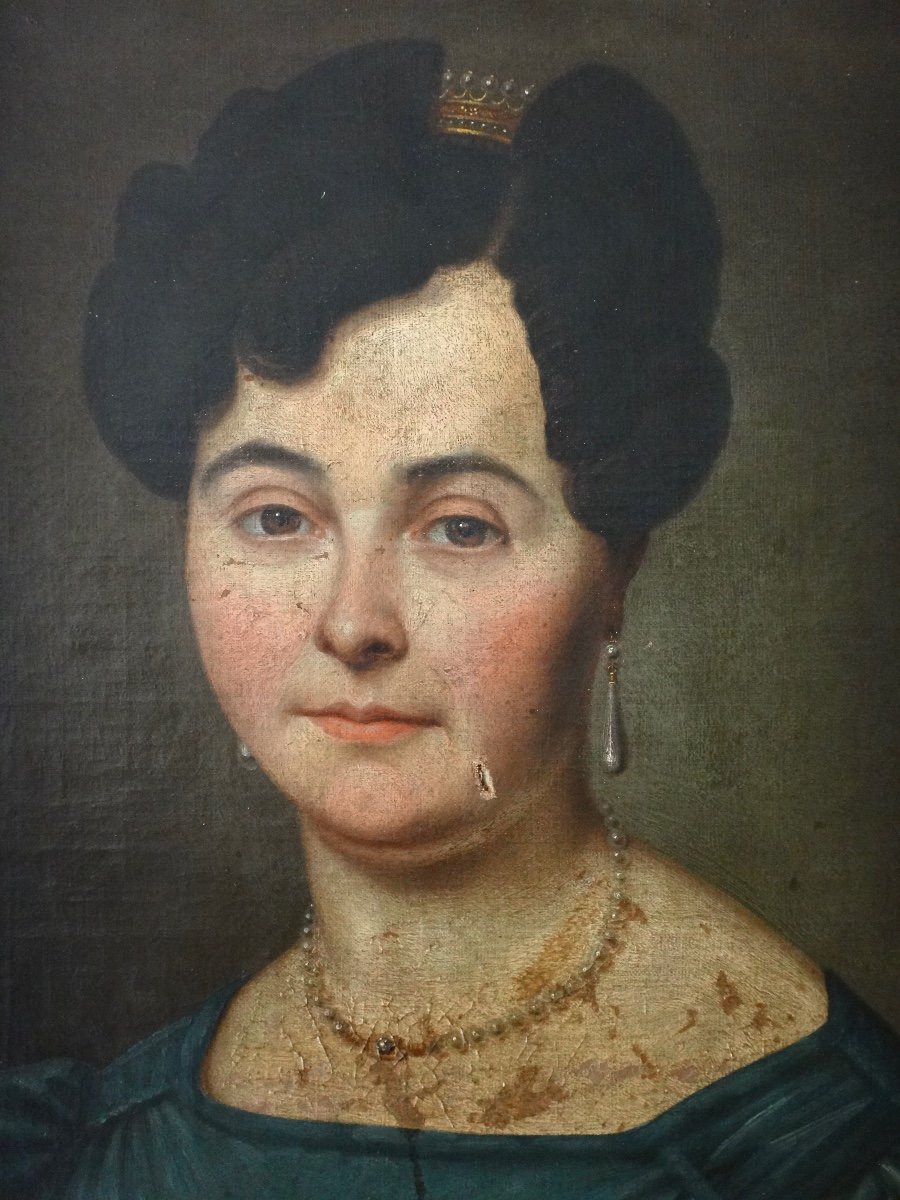 Huile sur toile Portrait d'une Femme de qualité en Bijoux époque XIXe-photo-1