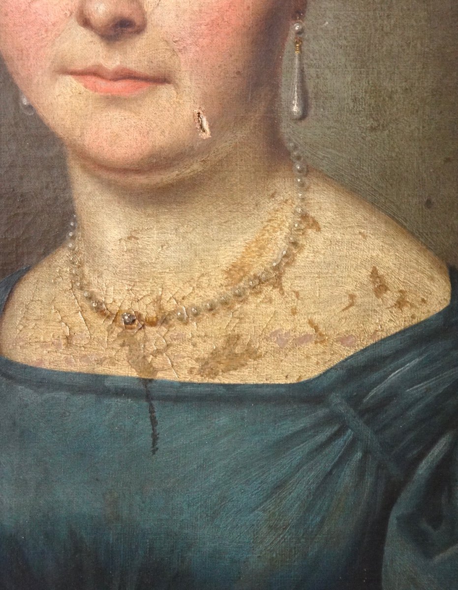 Huile sur toile Portrait d'une Femme de qualité en Bijoux époque XIXe-photo-4