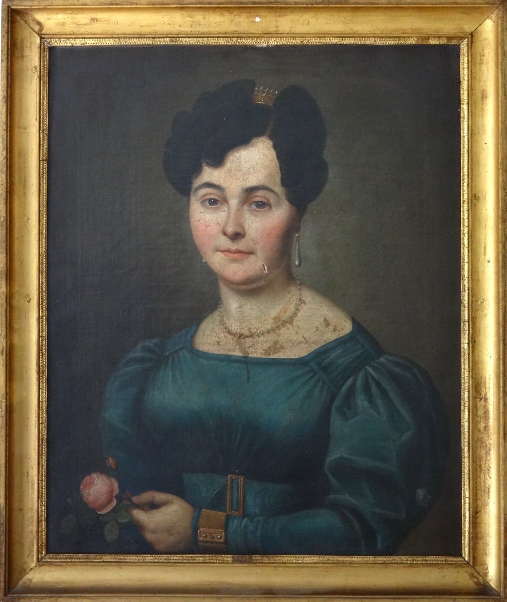 Huile sur toile Portrait d'une Femme de qualité en Bijoux époque XIXe