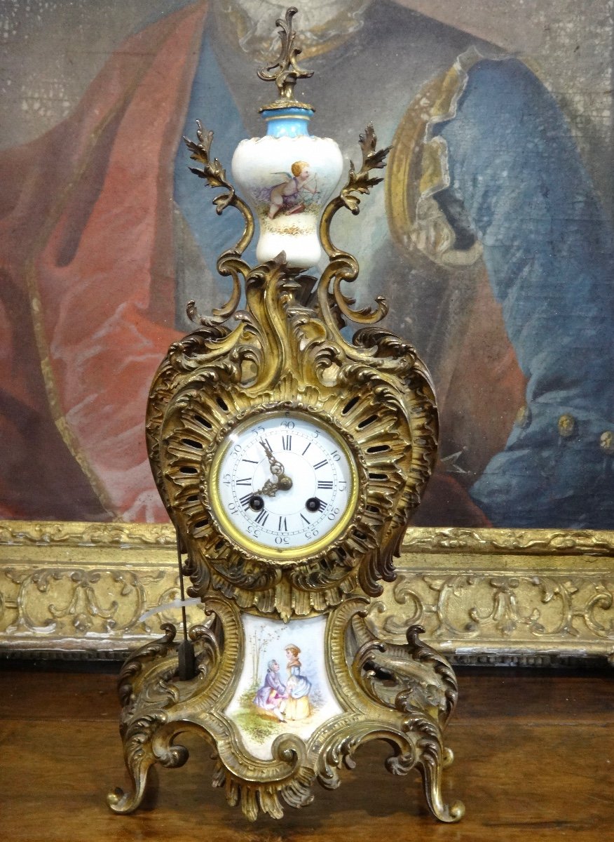 Adolphe Mougin Cartel Rocaille Clock Decorated With Porcelain, 19th Century-photo-3