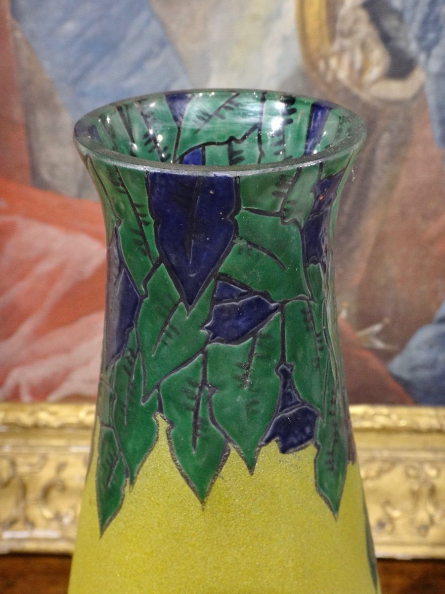 Verrerie De Leune (1861-1930) Large Vase With Enameled Decoration Art Deco Period 1930-photo-1