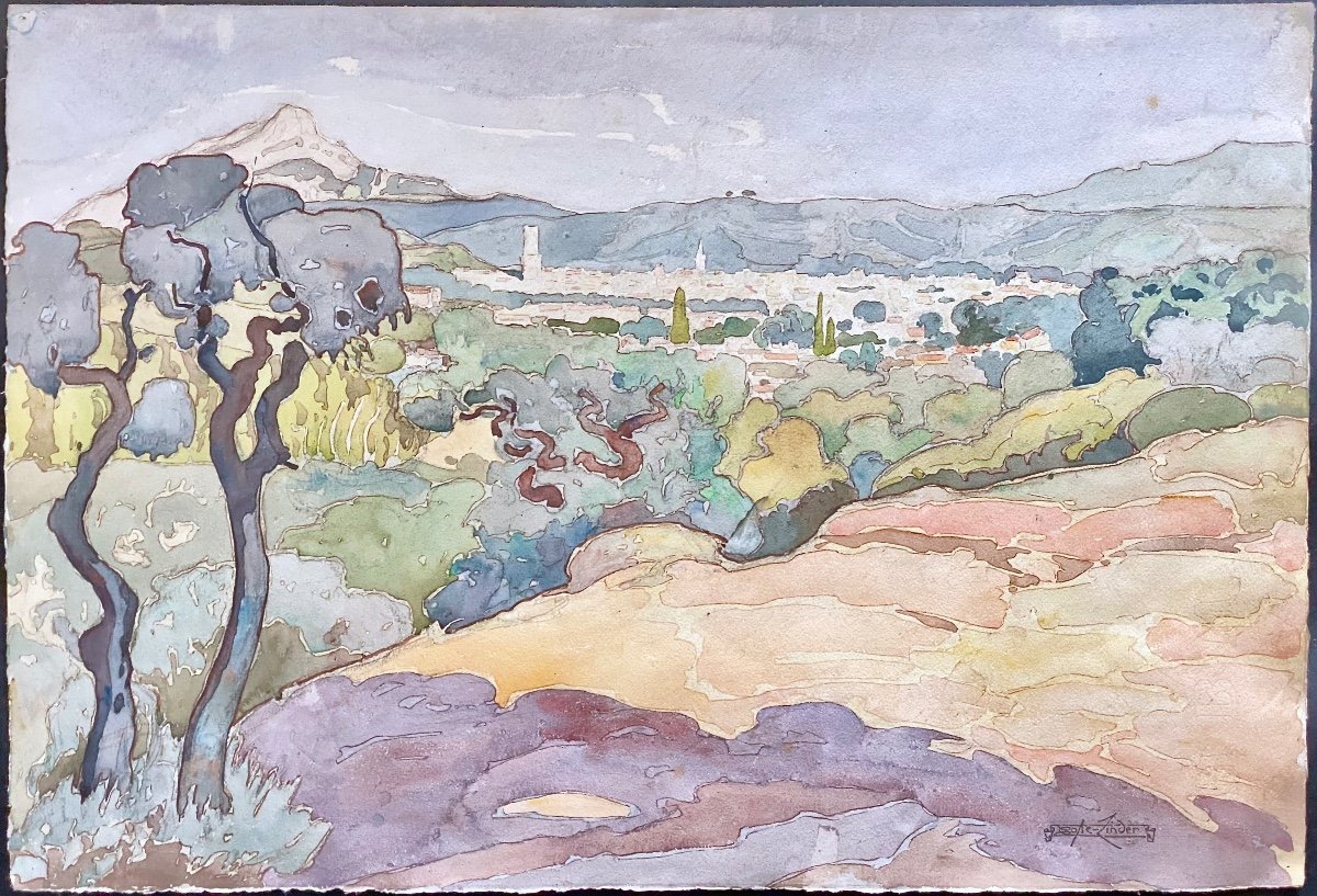  Camille Coste Linder (1874-1944)  Aquarelle Aix en Provence et Sainte victoire  56 x 38 cm-photo-2