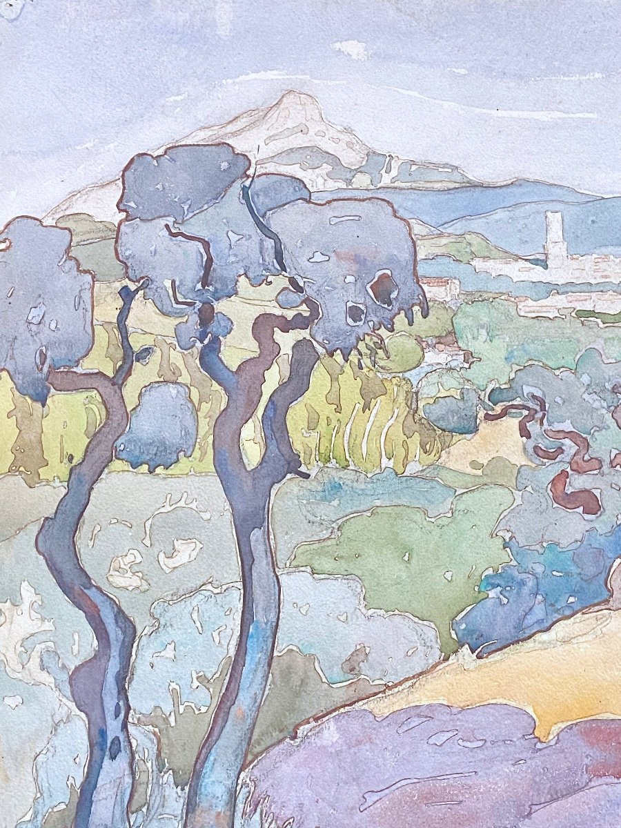  Camille Coste Linder (1874-1944)  Aquarelle Aix en Provence et Sainte victoire  56 x 38 cm-photo-3