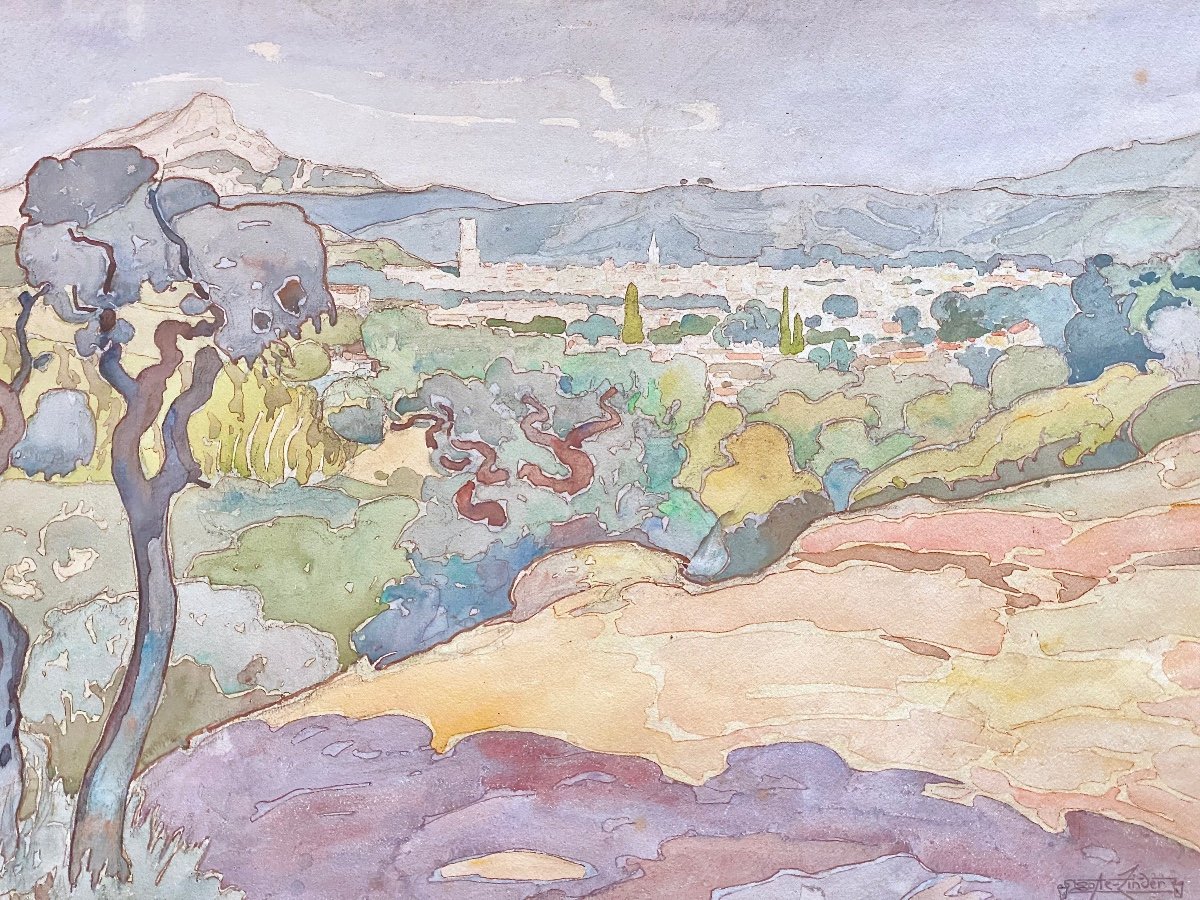  Camille Coste Linder (1874-1944)  Aquarelle Aix en Provence et Sainte victoire  56 x 38 cm-photo-1