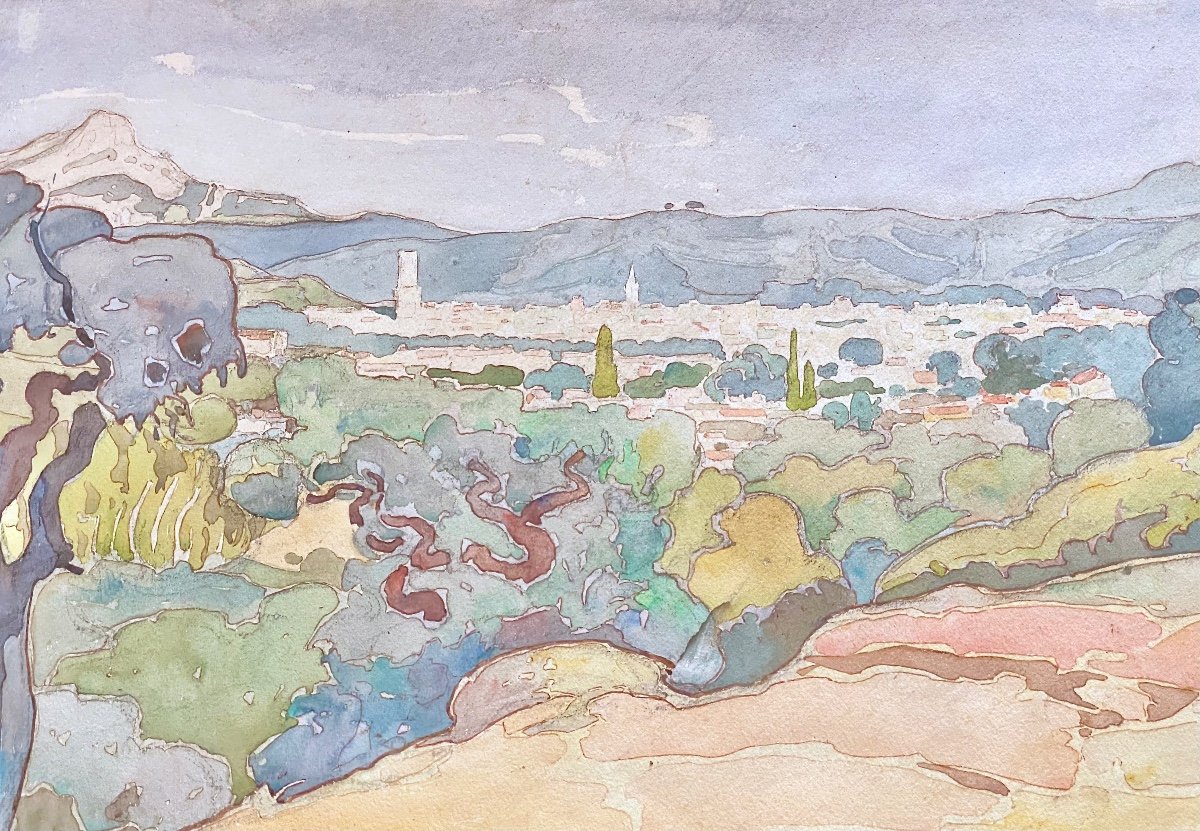  Camille Coste Linder (1874-1944) Watercolor Aix En Provence And Sainte Victoire 56 X 38 Cm-photo-2