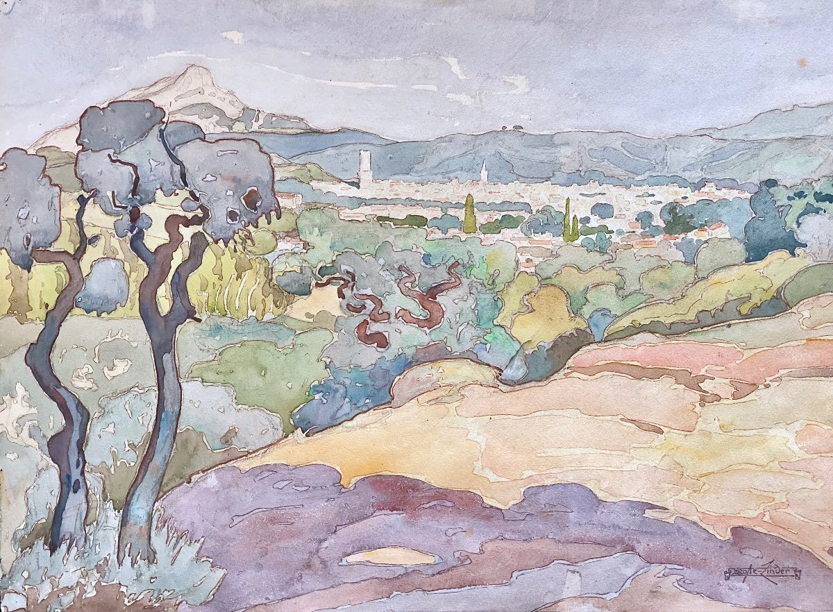  Camille Coste Linder (1874-1944) Watercolor Aix En Provence And Sainte Victoire 56 X 38 Cm