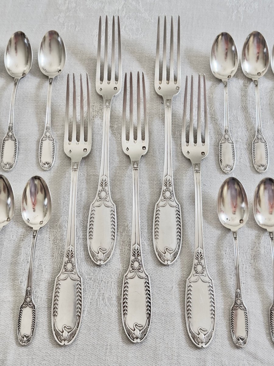 Puiforcat 12 Small Spoons And 5 Dessert Forks In Solid Silver In Empire Style -photo-2