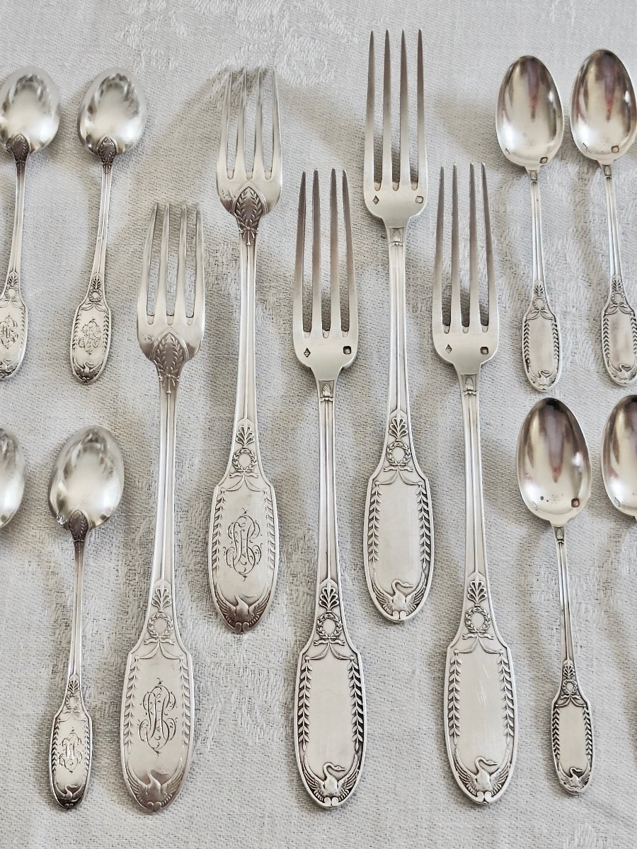 Puiforcat 12 Small Spoons And 5 Dessert Forks In Solid Silver In Empire Style -photo-4