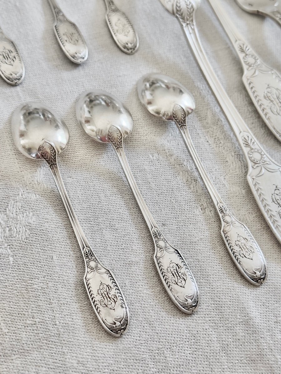 Puiforcat 12 Small Spoons And 5 Dessert Forks In Solid Silver In Empire Style -photo-2