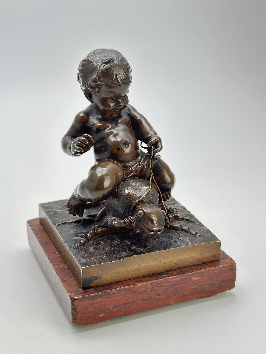 Auguste Moreau (1834 -1917) Bronze " Enfant chevauchant un grillon " Fondeur Colin & Cie -photo-3