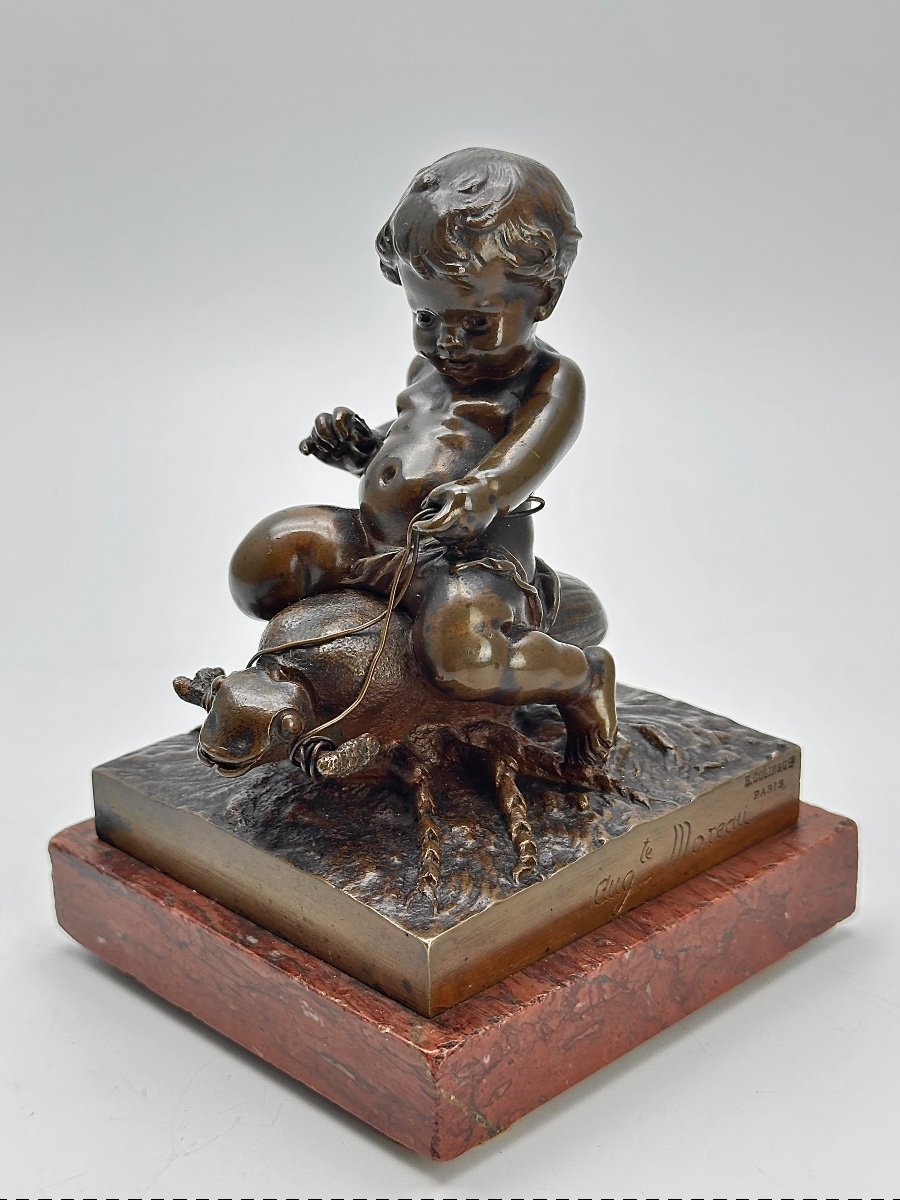 Auguste Moreau (1834 -1917) Bronze " Enfant chevauchant un grillon " Fondeur Colin & Cie -photo-4