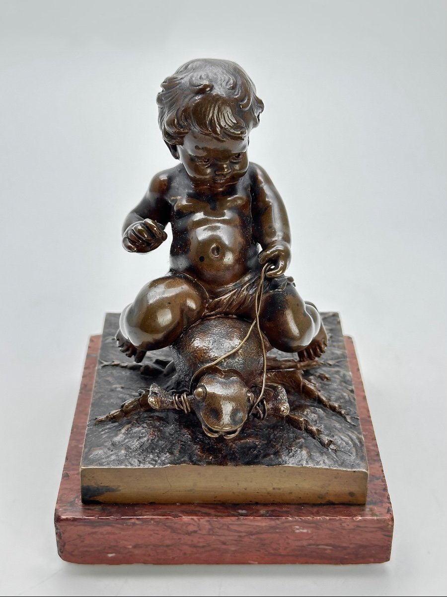 Auguste Moreau (1834 -1917) Bronze " Enfant chevauchant un grillon " Fondeur Colin & Cie -photo-2