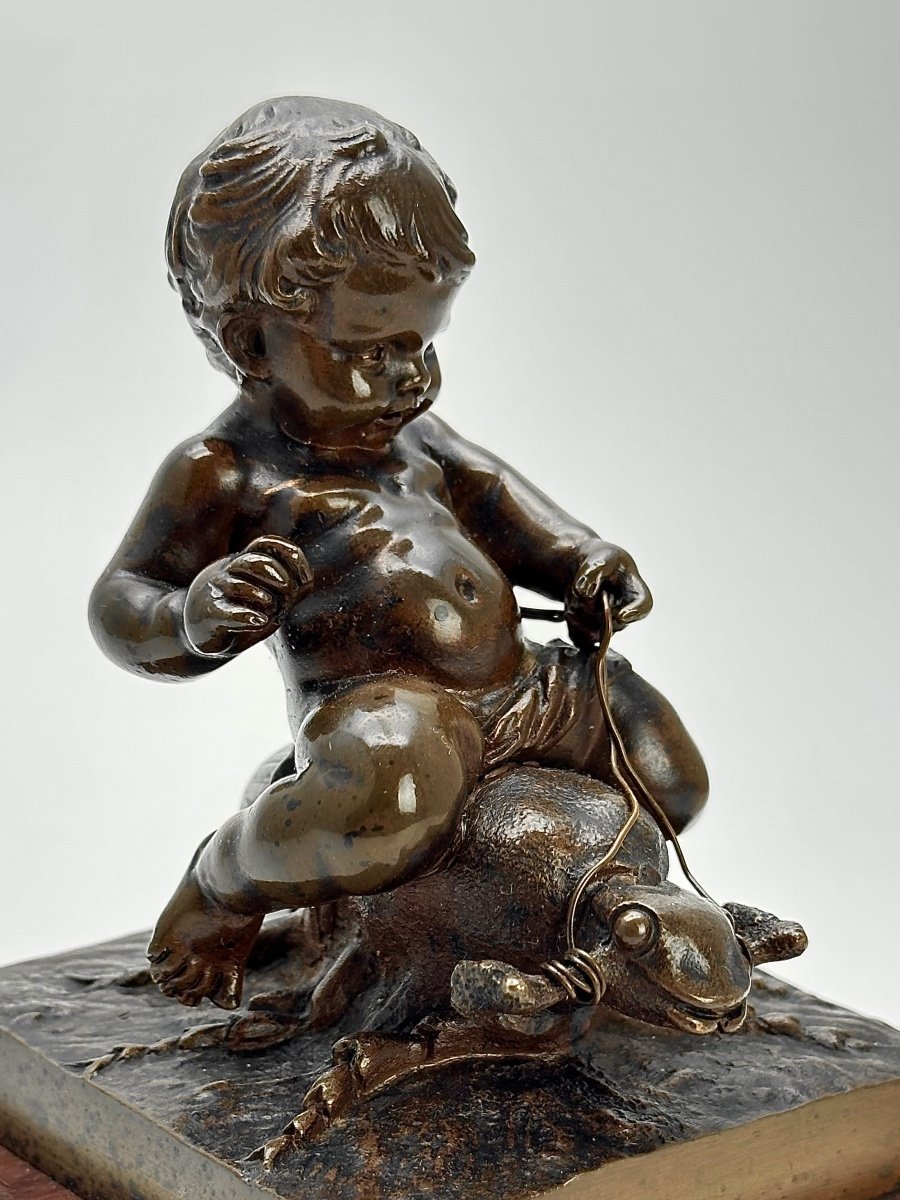 Auguste Moreau (1834 -1917) Bronze " Enfant chevauchant un grillon " Fondeur Colin & Cie -photo-3