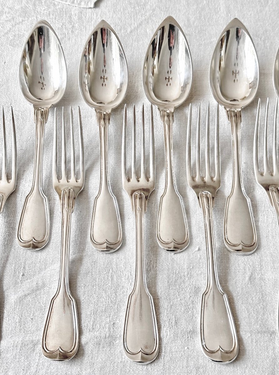  6 Table Cutlery Spoons And Forks In Solid Silver With Threads, 19th Century-photo-2