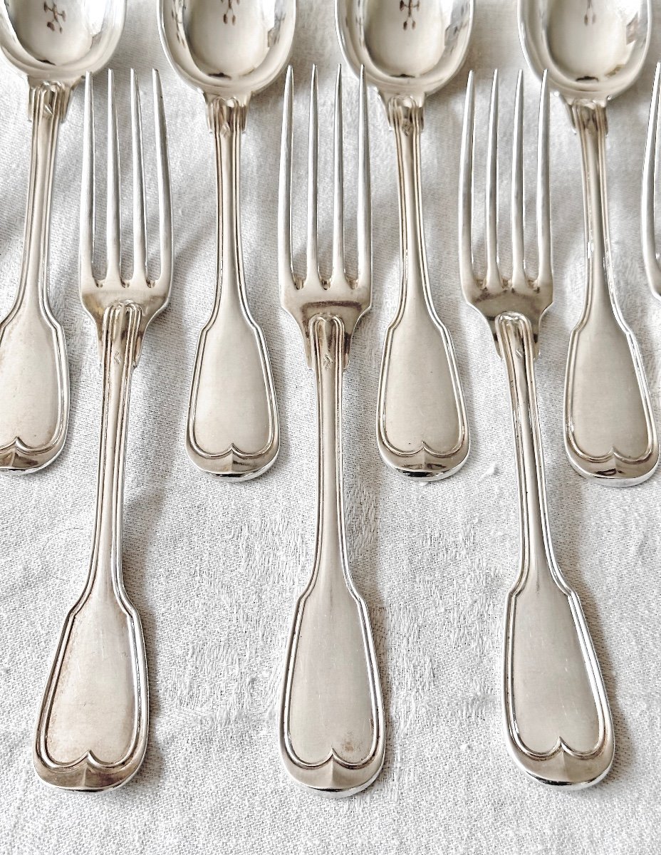  6 Table Cutlery Spoons And Forks In Solid Silver With Threads, 19th Century-photo-3