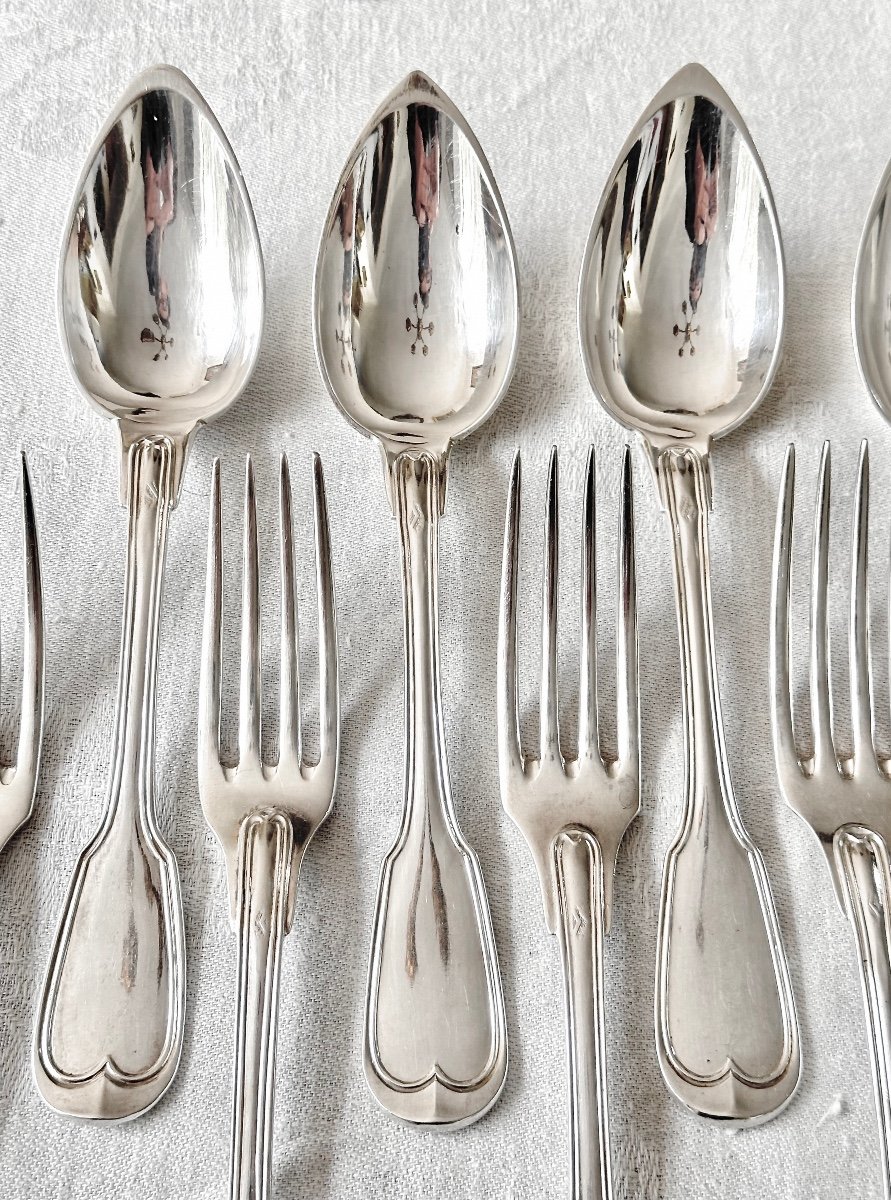  6 Table Cutlery Spoons And Forks In Solid Silver With Threads, 19th Century-photo-4