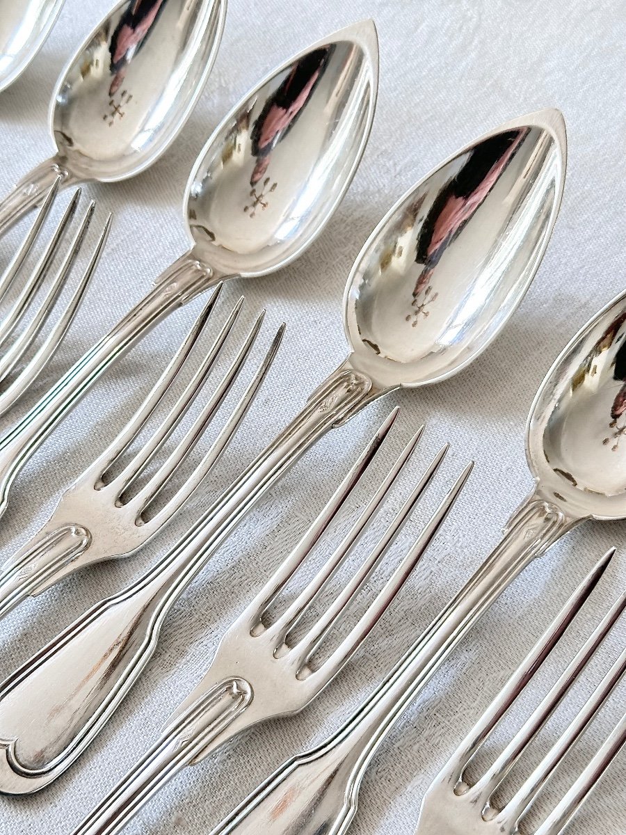  6 Table Cutlery Spoons And Forks In Solid Silver With Threads, 19th Century-photo-1