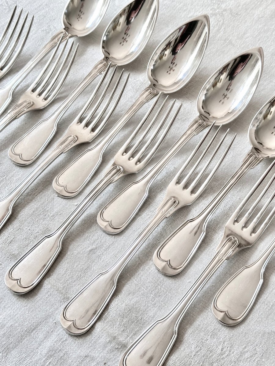  6 Table Cutlery Spoons And Forks In Solid Silver With Threads, 19th Century-photo-2