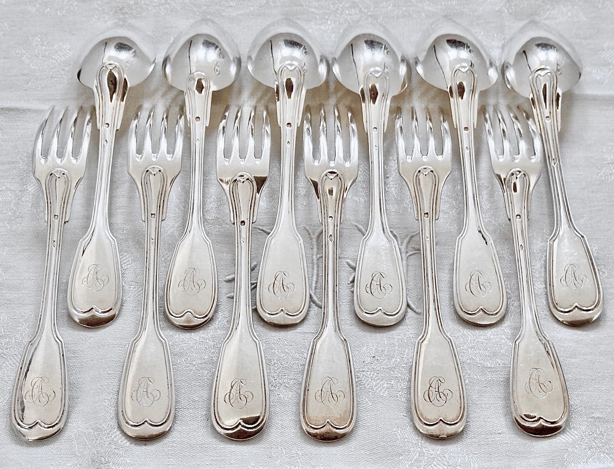  6 Table Cutlery Spoons And Forks In Solid Silver With Threads, 19th Century-photo-3