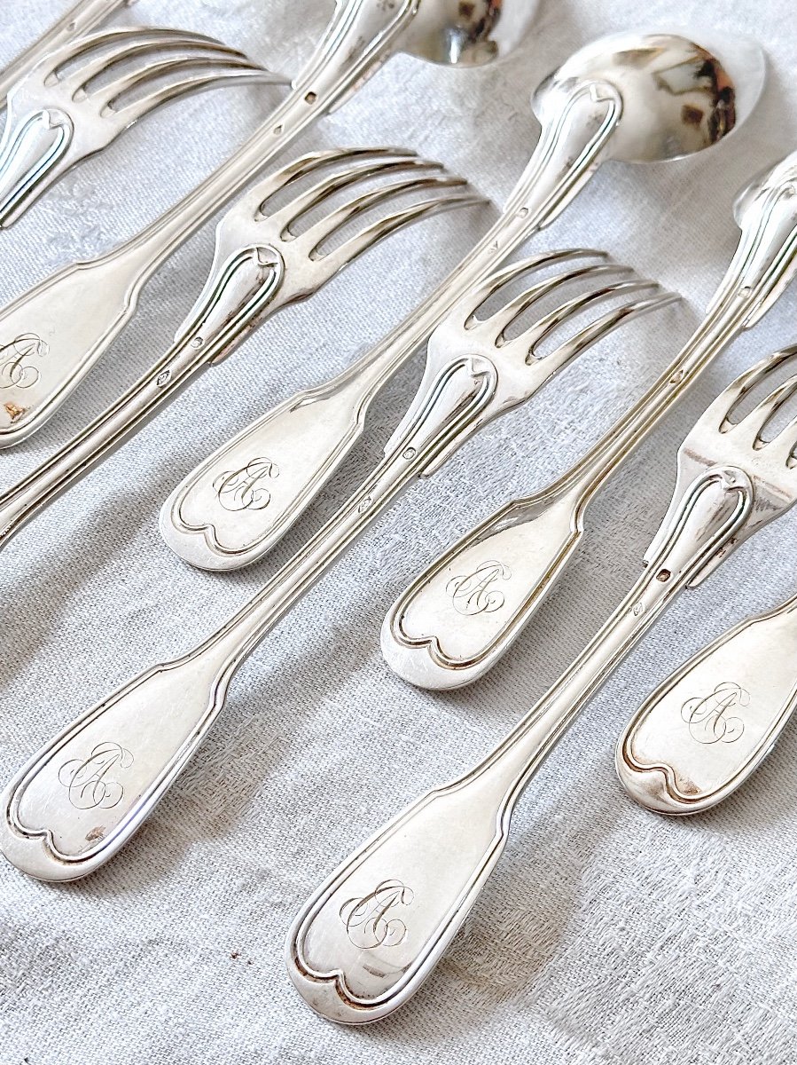  6 Table Cutlery Spoons And Forks In Solid Silver With Threads, 19th Century-photo-4