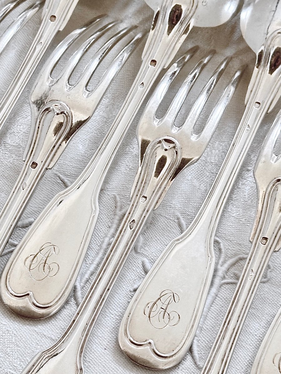  6 Table Cutlery Spoons And Forks In Solid Silver With Threads, 19th Century-photo-5