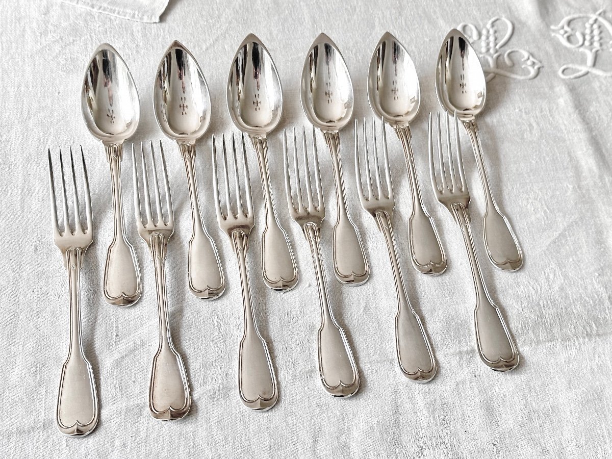  6 Table Cutlery Spoons And Forks In Solid Silver With Threads, 19th Century