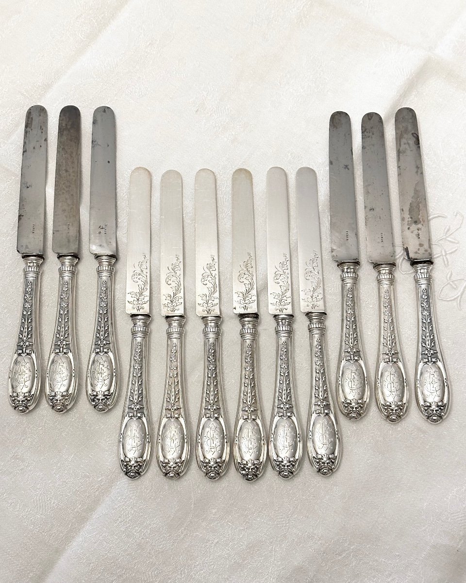 Emile Puiforcat 12 Dessert And Fruit Knives In Solid Silver, 19th Century-photo-2