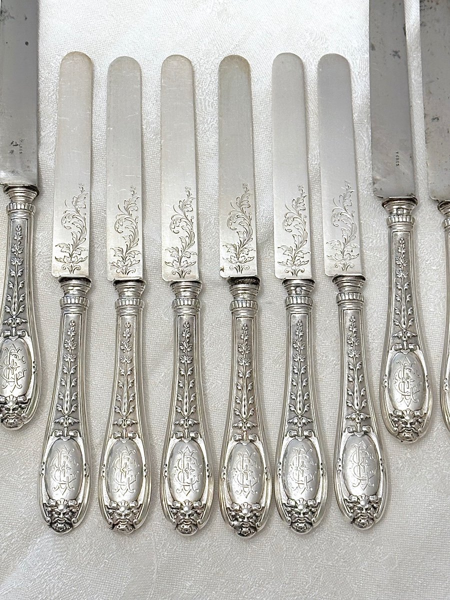 Emile Puiforcat 12 Dessert And Fruit Knives In Solid Silver, 19th Century-photo-3