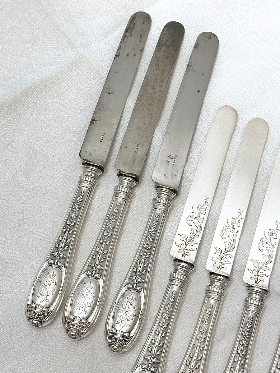 Emile Puiforcat 12 Dessert And Fruit Knives In Solid Silver, 19th Century-photo-4