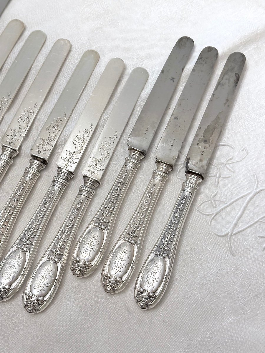 Emile Puiforcat 12 Dessert And Fruit Knives In Solid Silver, 19th Century-photo-1