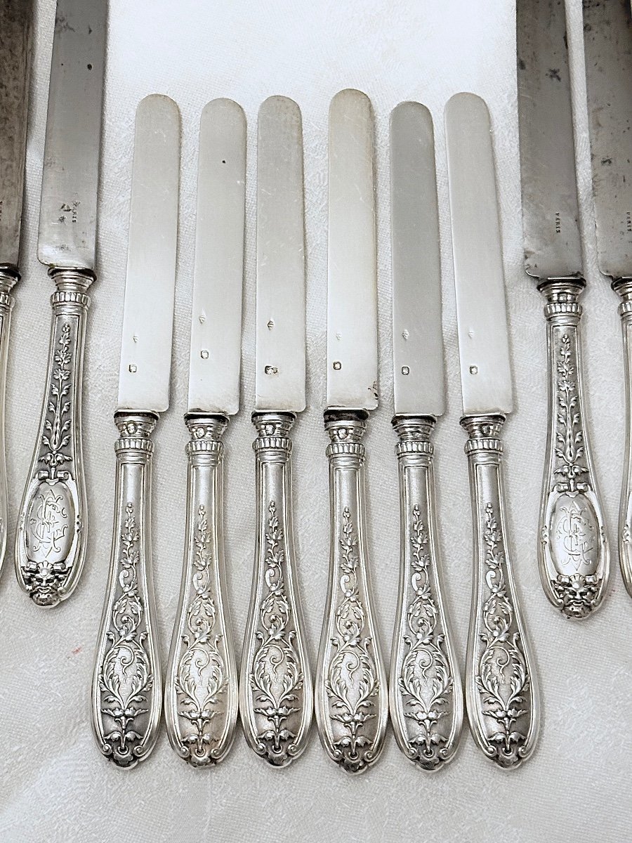 Emile Puiforcat 12 Dessert And Fruit Knives In Solid Silver, 19th Century-photo-2