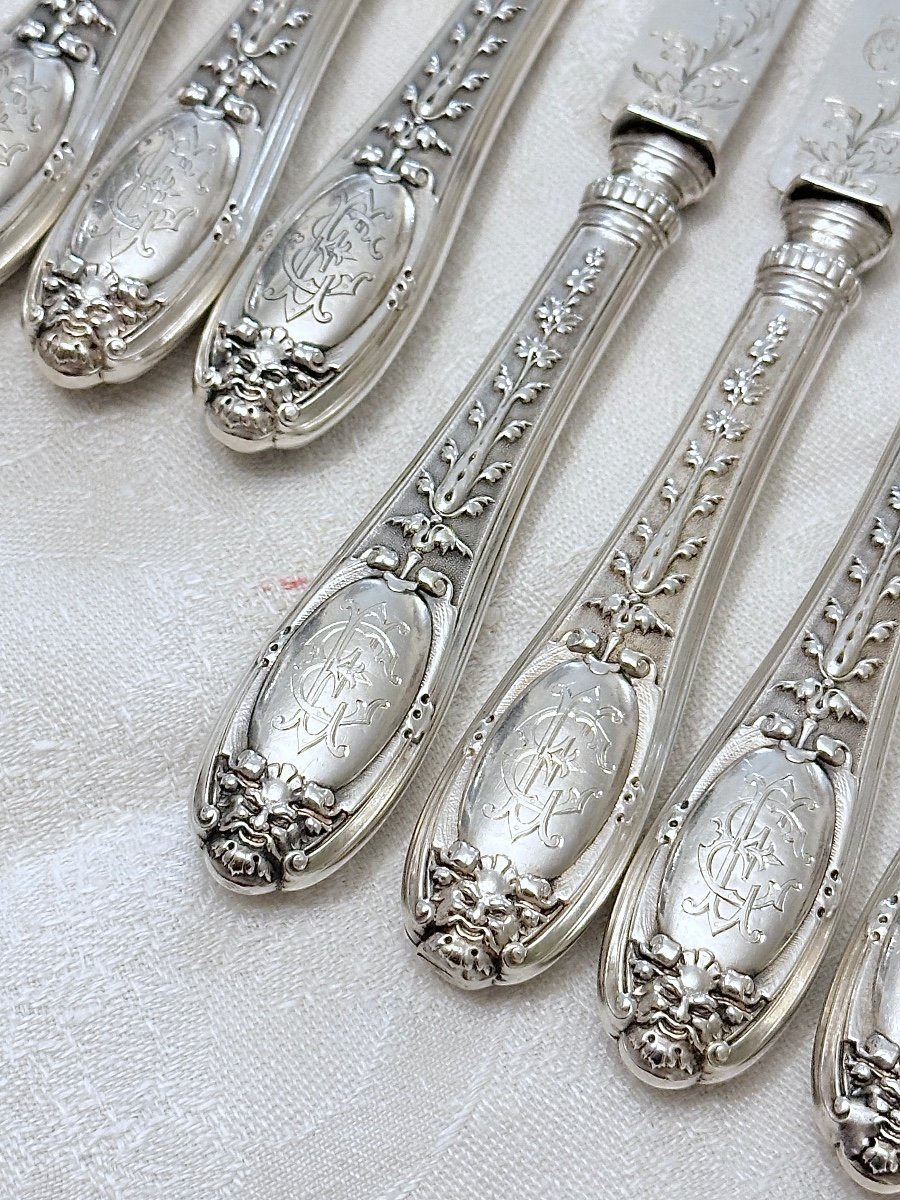 Emile Puiforcat 12 Dessert And Fruit Knives In Solid Silver, 19th Century-photo-3