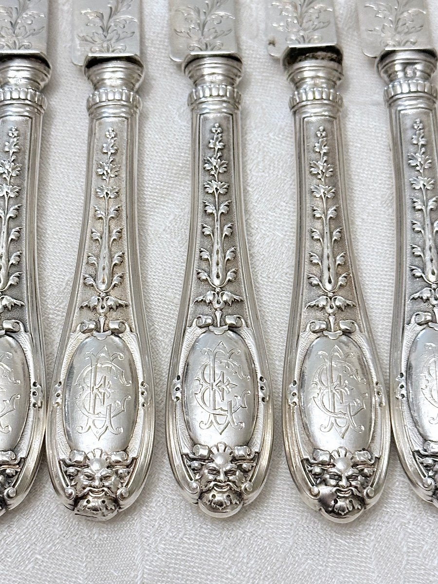 Emile Puiforcat 12 Dessert And Fruit Knives In Solid Silver, 19th Century-photo-4