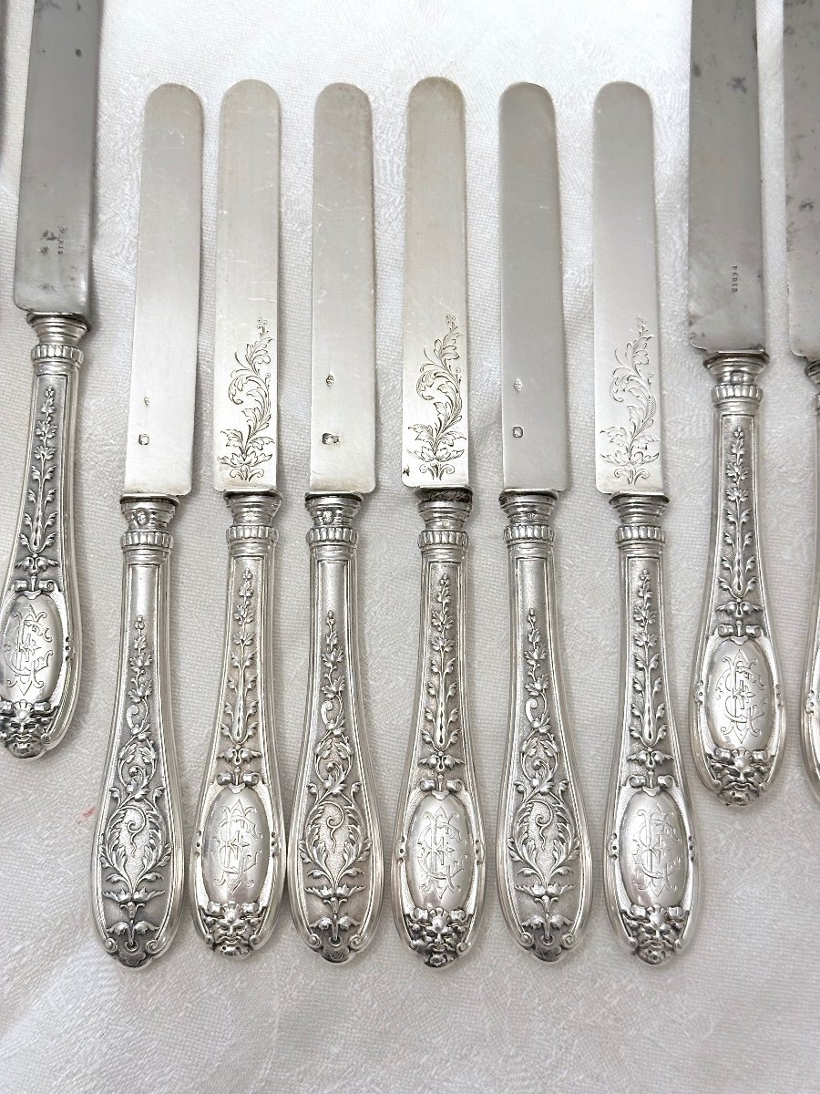 Emile Puiforcat 12 Dessert And Fruit Knives In Solid Silver, 19th Century-photo-5