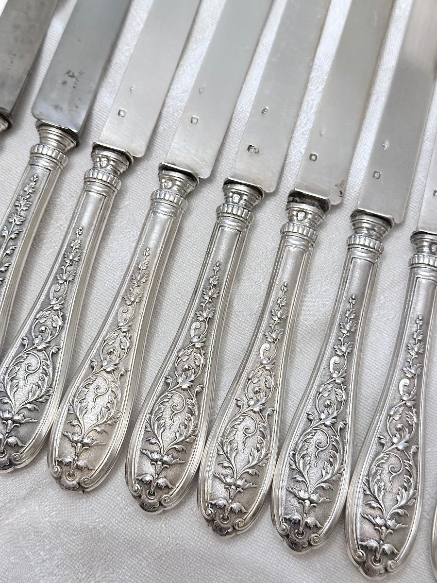 Emile Puiforcat 12 Dessert And Fruit Knives In Solid Silver, 19th Century-photo-6