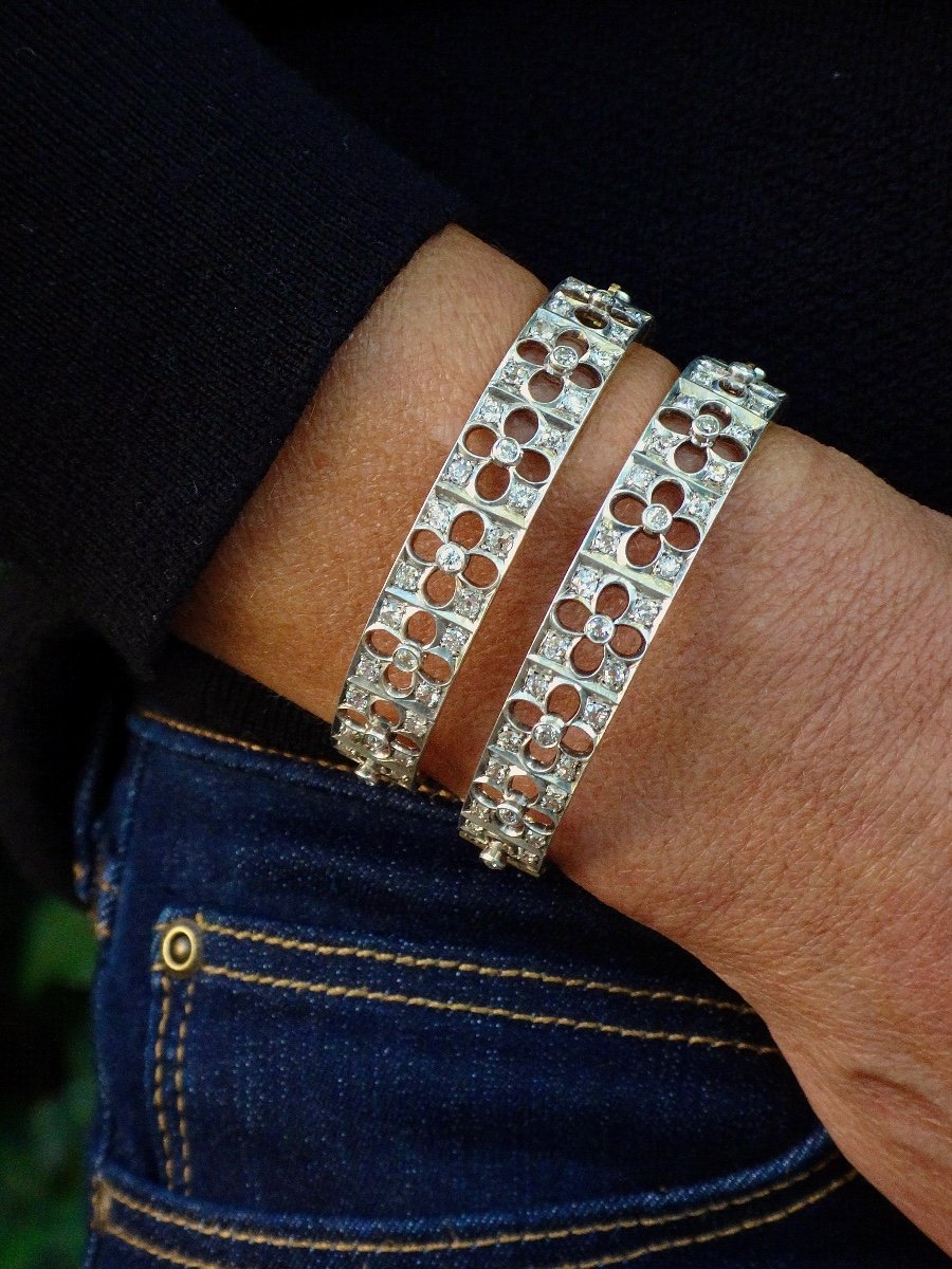 Pair Of 14k Gold Platinum And Diamond Art Deco Bracelets Circa 1930-photo-1