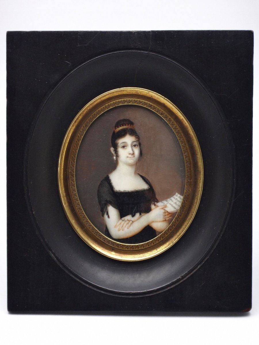 Miniature Mourning Portrait With Motto Of A Young Woman In Jewelry, 19th Century-photo-2