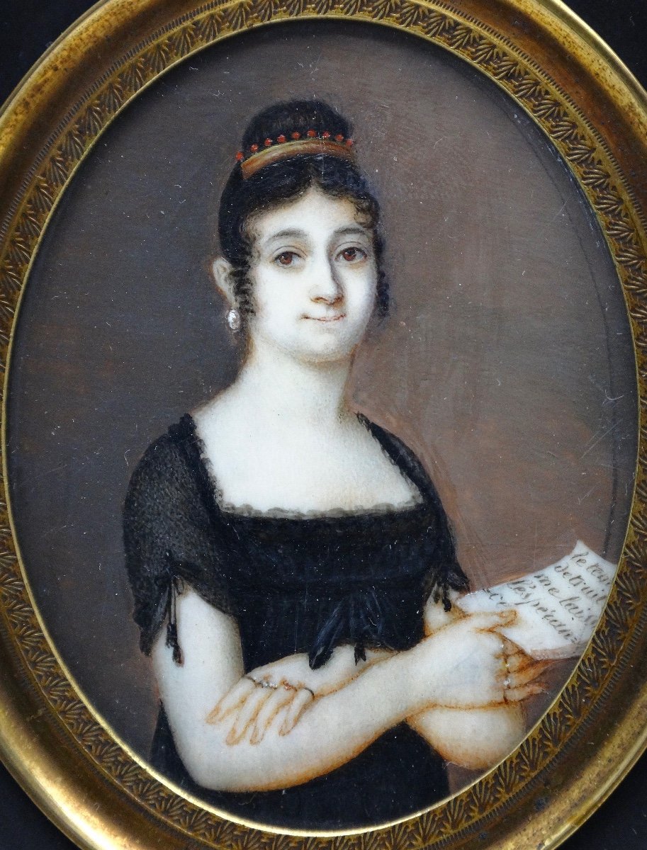 Miniature Mourning Portrait With Motto Of A Young Woman In Jewelry, 19th Century-photo-3