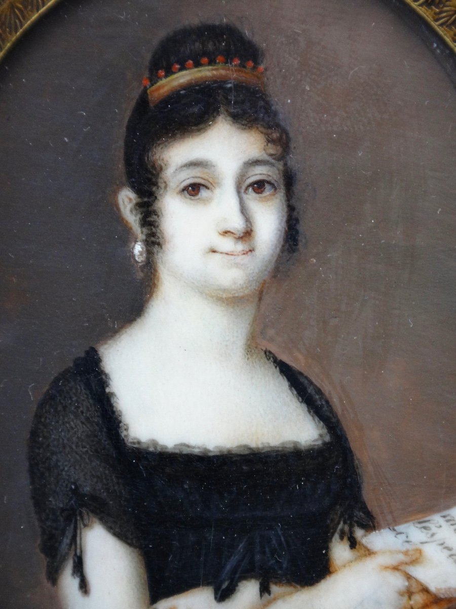 Miniature portrait de deuil à devise d'une jeune Femme en bijoux époque XIXe-photo-4